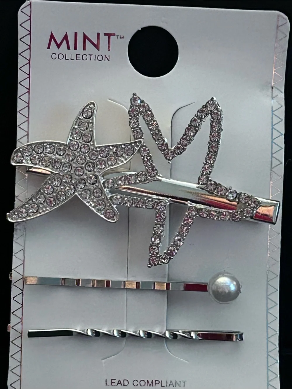 Mint Rhinestone Starfish Hair Clip Set of Two - Silver-tone w/Crystals and Pearl